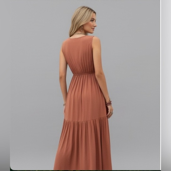 Rust Plunging Neck Ruffle Hem A-line Boho Dress - Picture 4 of 8